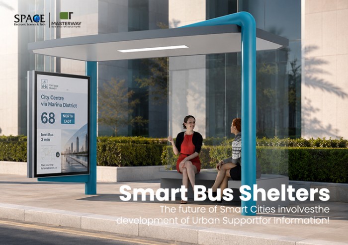 Modern Glass Bus Shelter with Digital Bus Stop Information Display Modern Glass Bus Shelter with Digital Bus Stop Information Display