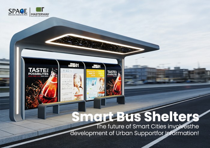 Futuristic Smart Bus Shelter with Multiple Advertising Displays and LED Lighting