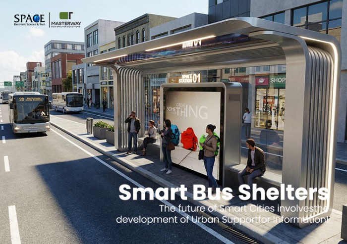 Futuristic Smart Bus Shelter with Digital Advertising Display and LED Lighting