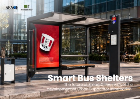 Modern Steel Bus Shelter with Advertising Lightbox and Glass Panels