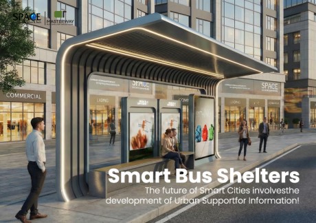 Futuristic Smart Bus Shelter with LED Lighting and Advertising Displays