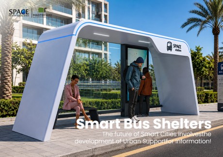 Futuristic Smart Bus Shelter with Digital Display and LED Lighting