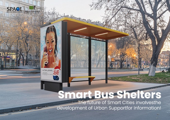 Outdoor Modern Bus Shelter with Yellow Roof and Advertising Panel