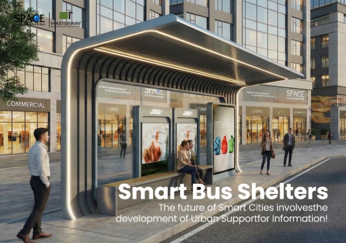 Futuristic Smart Bus Shelter with LED Lighting and Advertising Displays